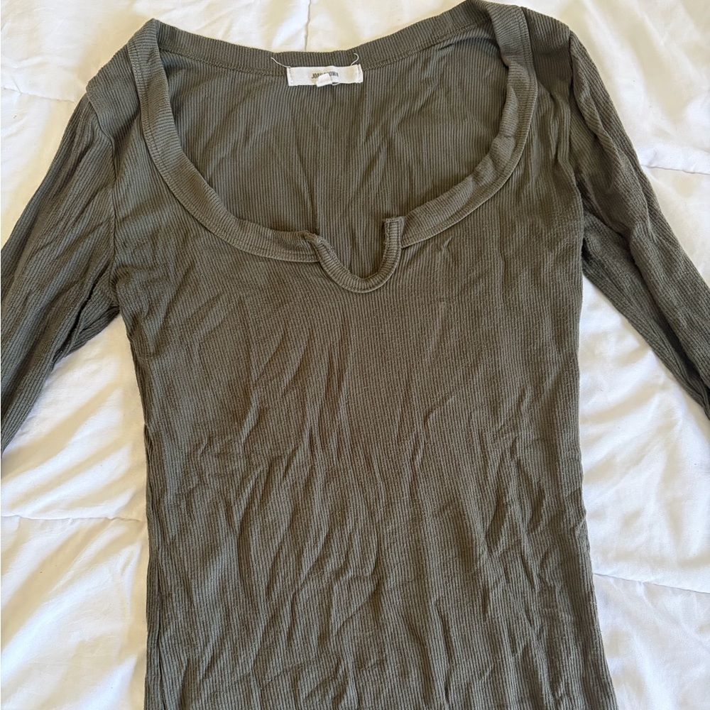 Joah Brown Olive Green Long Sleeve Scoop Neck Ribbed Top